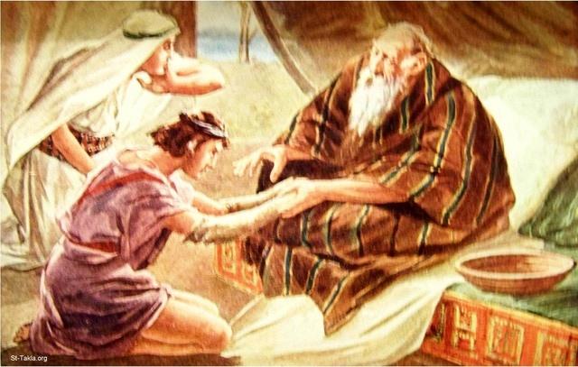 St-Takla.org Image: Jacob deceiving his father Isaac (Genesis 27:19-25), under the advice of His mother Rebecca     :     ( 27: 19-25)    